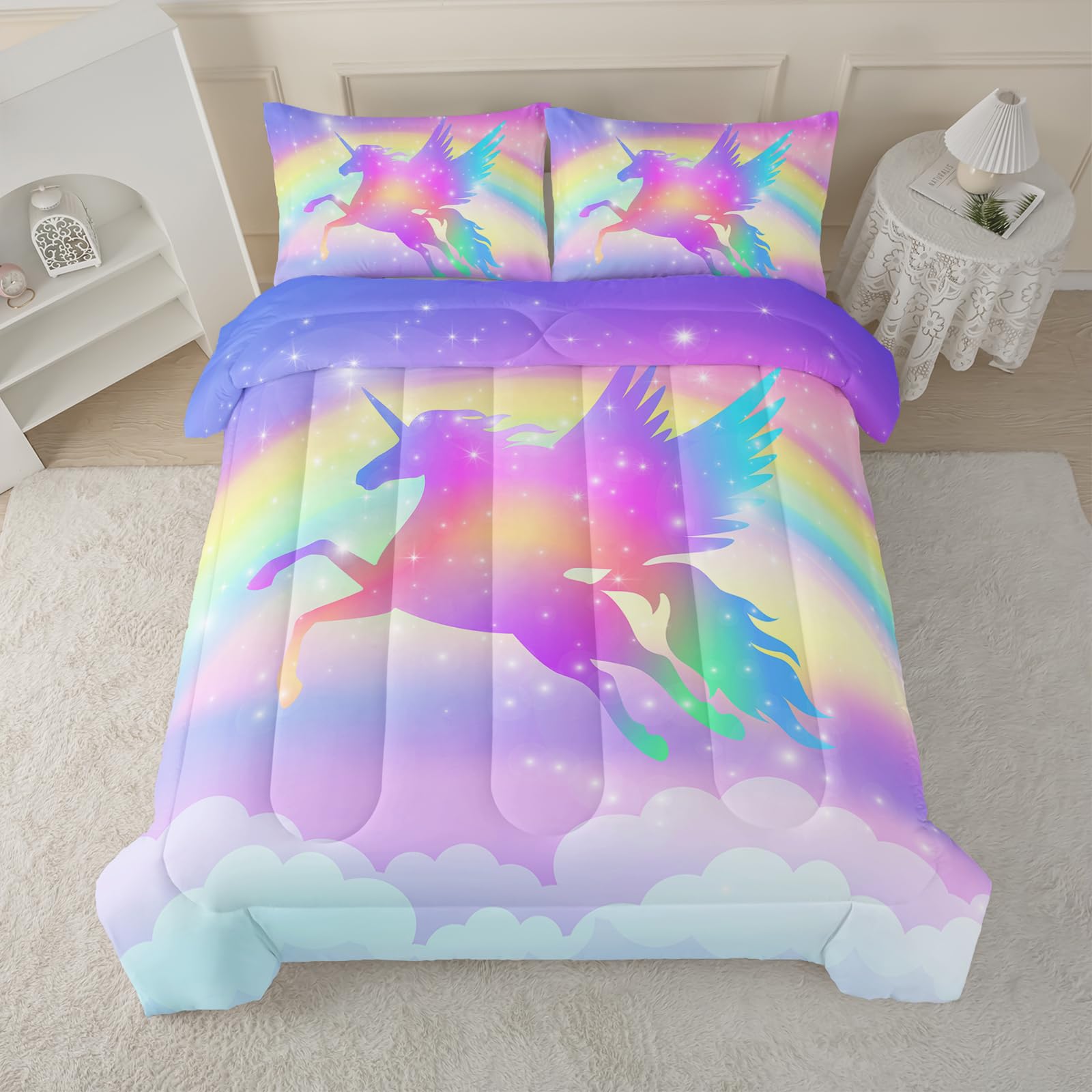 Rainbow Unicorn Comforter Set Full Size,Colorful 3 Piece Bedding Set
