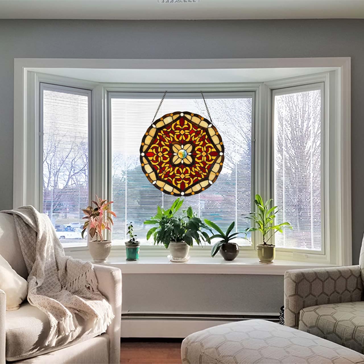 W10086 Baroque Tiffany Style Stained Glass Window Panel for Home Decoration