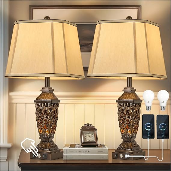 Table Lamp Set of 2,Vintage Bedside Lamp Nightstand Lamps with Dual USB