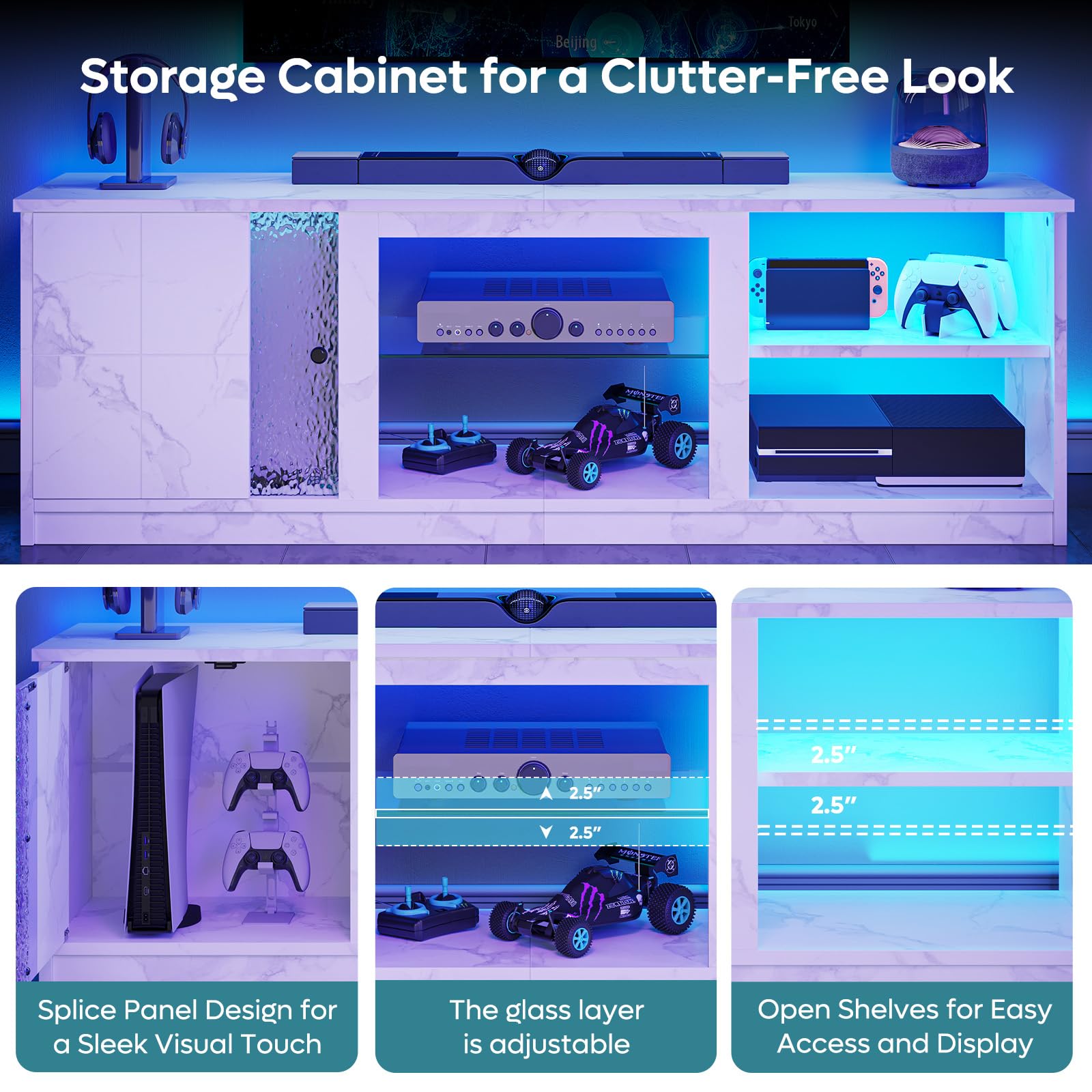 Pinmoco 63-Inch LED TV Stand for 70/55/65 Inch TV, White Gaming Entertainment Center with Cabinet, Modern Media TV Console with Adjustable Glass Shelves for Living Room, Bedroom, PS5, Xbox