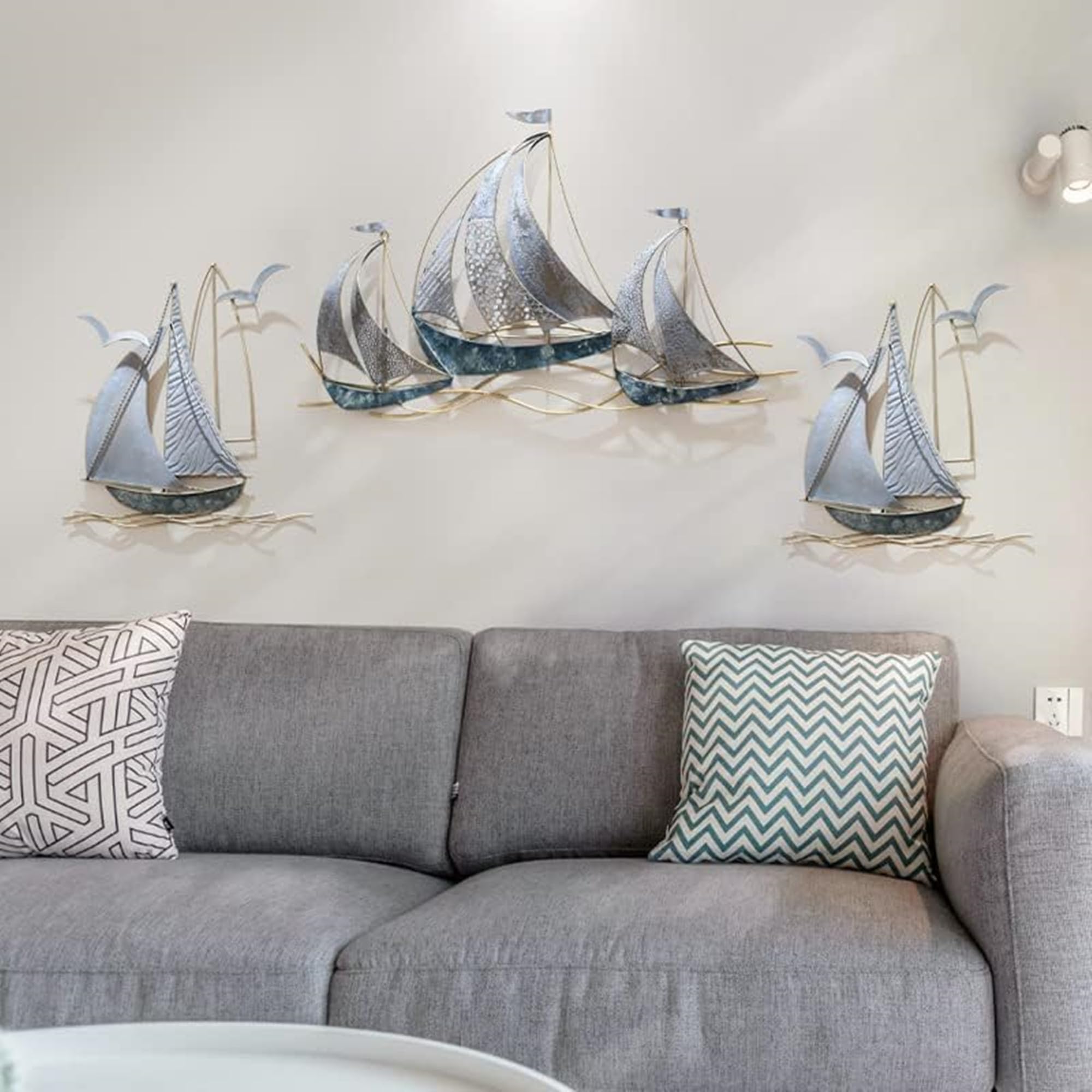 Set of 3 Metal Sailboat Wall Art, Metal Blue Ship Wall Decor