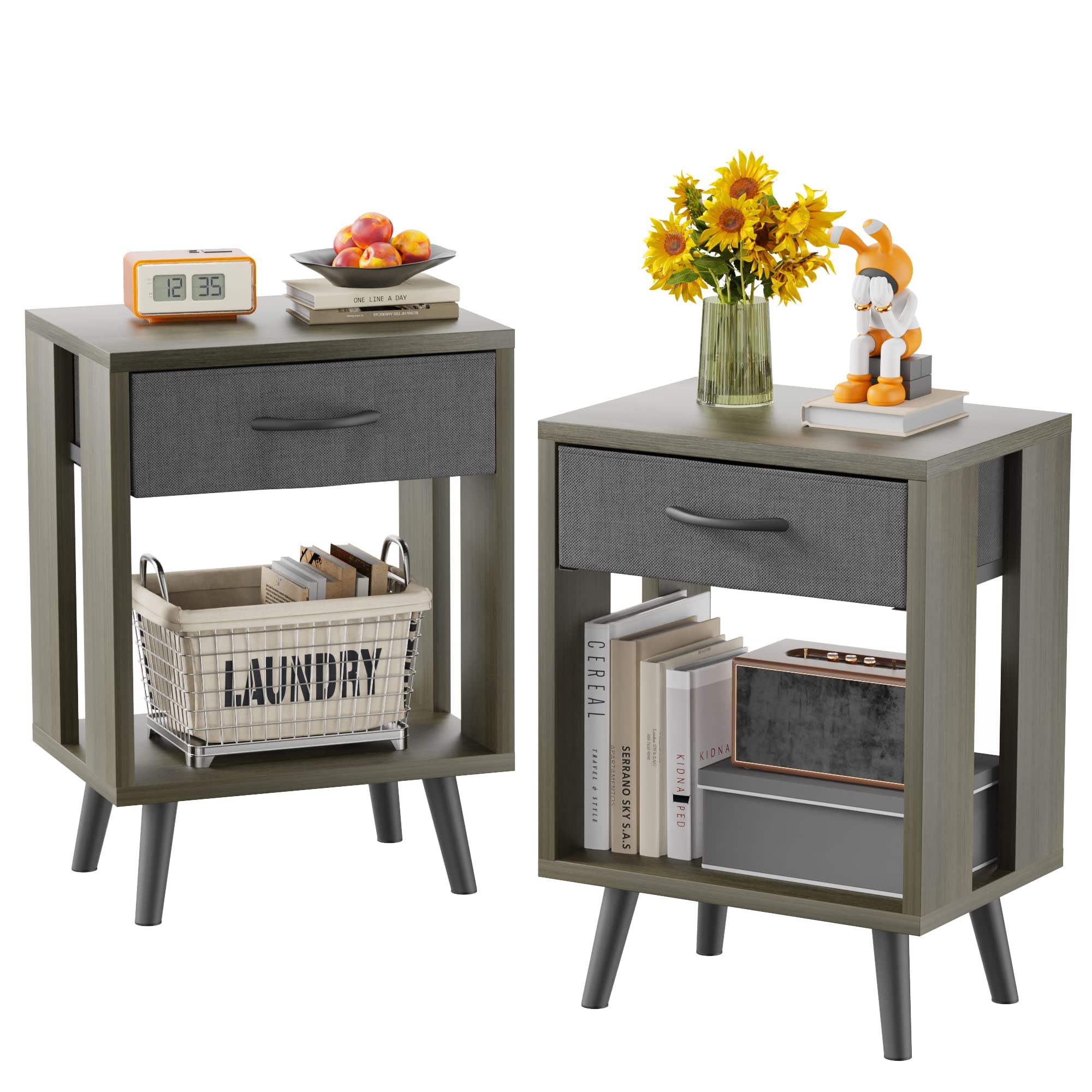 Nightstands Set of 2 with Black Fabric Storage Drawer and Open Wood Shelf