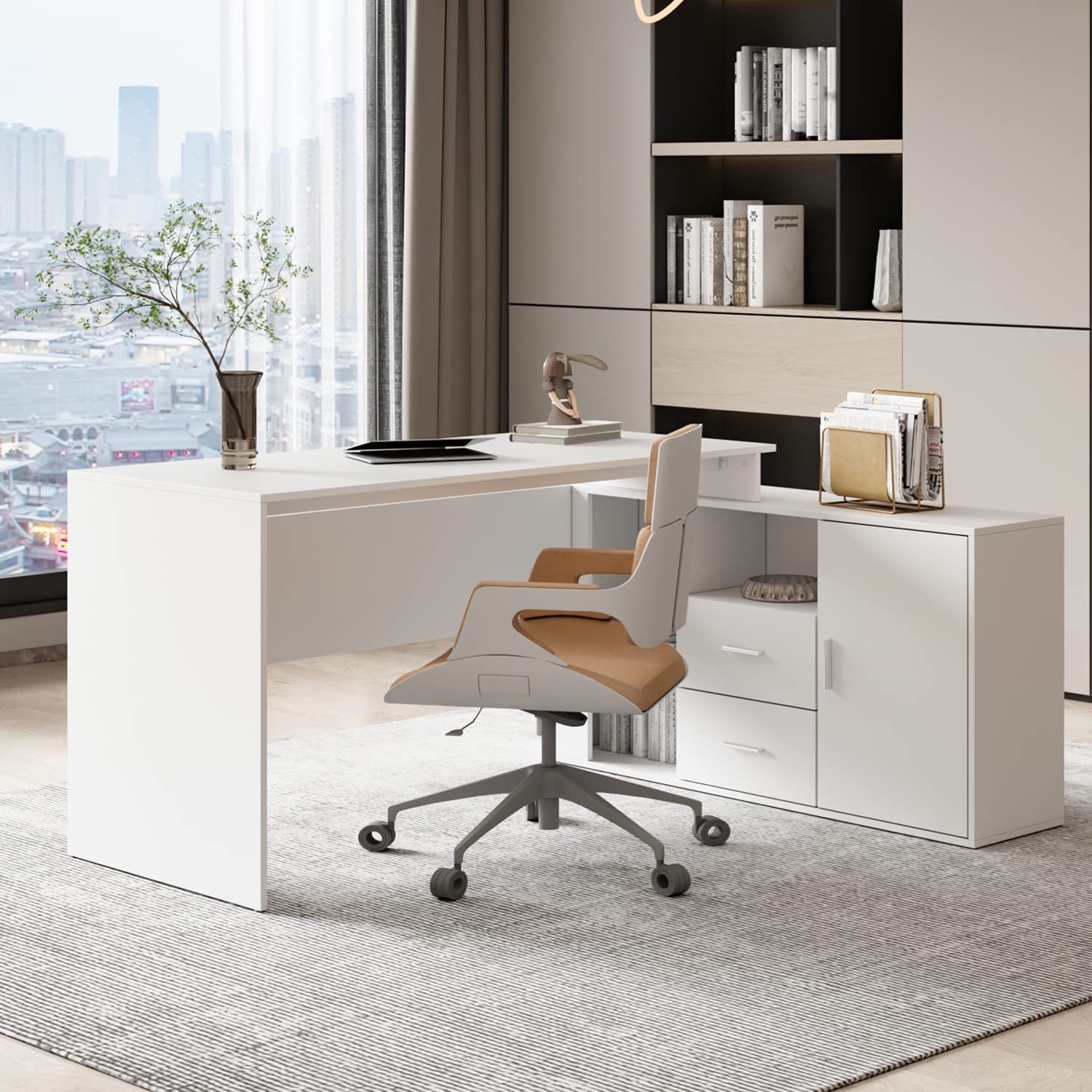 Home Office Computer Desk Corner Desk with 2 Drawers and 2 Open Cubes