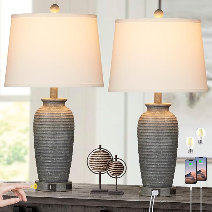 CINSARY 24.3" Farmhouse Jar Table Lamps Set of 2, 3 Way Touch Control