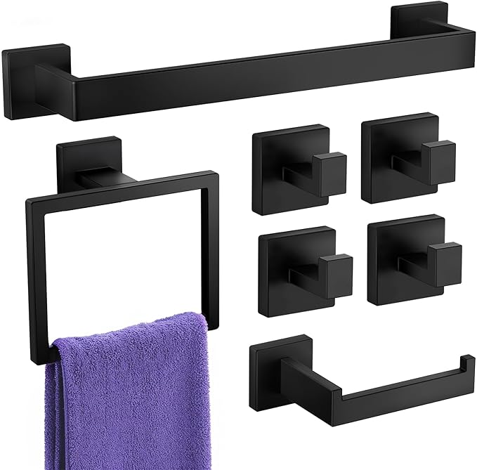 7-Pieces Towel Racks for Bathroom, SUS304 Matte Black Bathroom Accessory Set