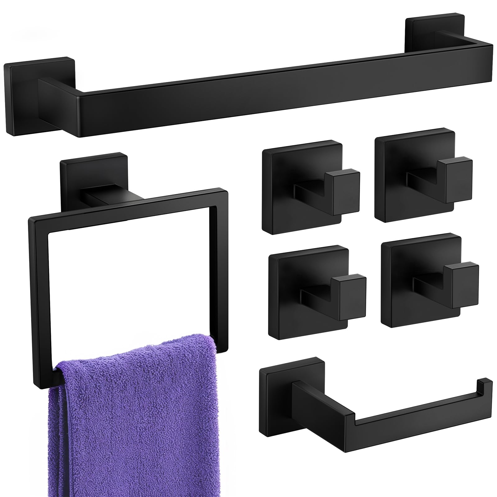 7-Pieces Towel Racks for Bathroom, SUS304 Matte Black Bathroom Accessory Set