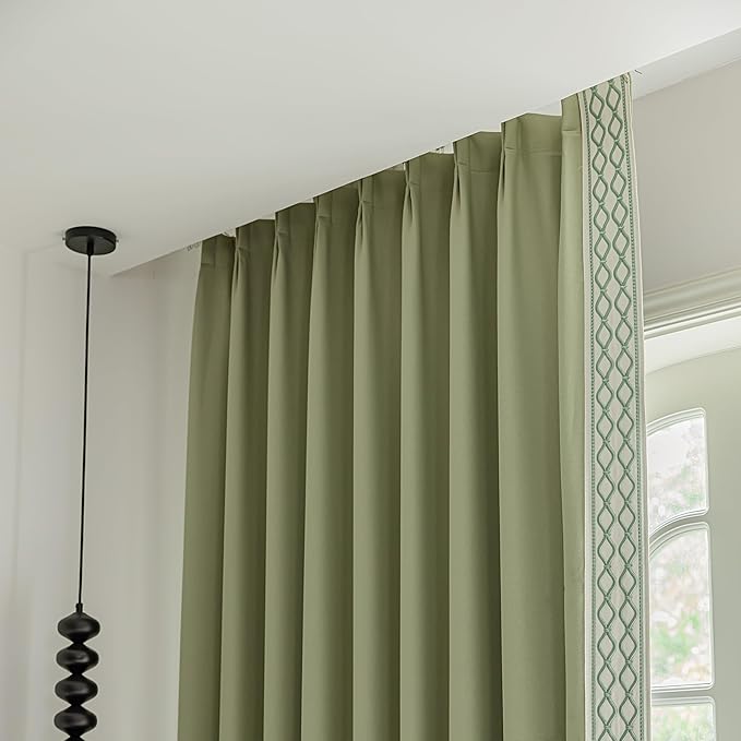 White Linen Curtain Panels with Embroidered Trim Design, Pinch Pleat Curtains