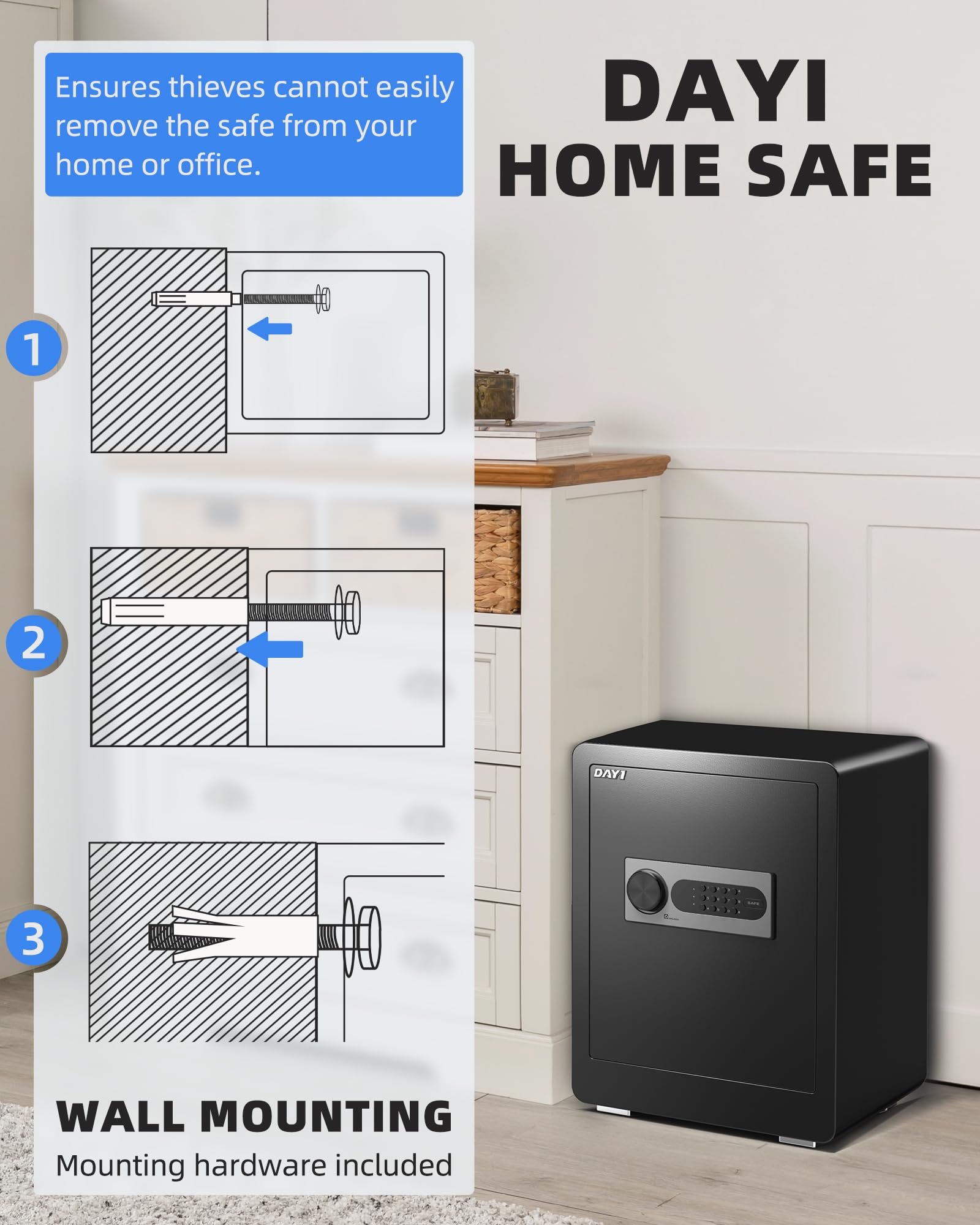 DAYI Safe Box, 2.0 Cubic Feet Home Safe with Fireproof Waterproof Bag, Security Safe Box for Money Cash Valuables, Digital Electronic Keypad, Dual Alarm System, Removable Shelf - D-45