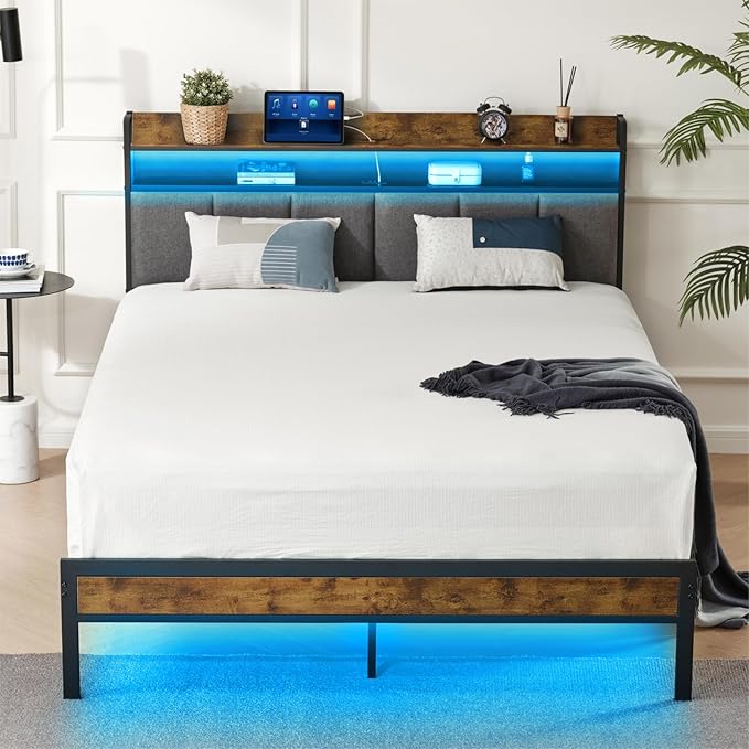 Twin Upgraded Bed Frame with Upholstered Headboard, Metal Platform Bed with 2-Tier