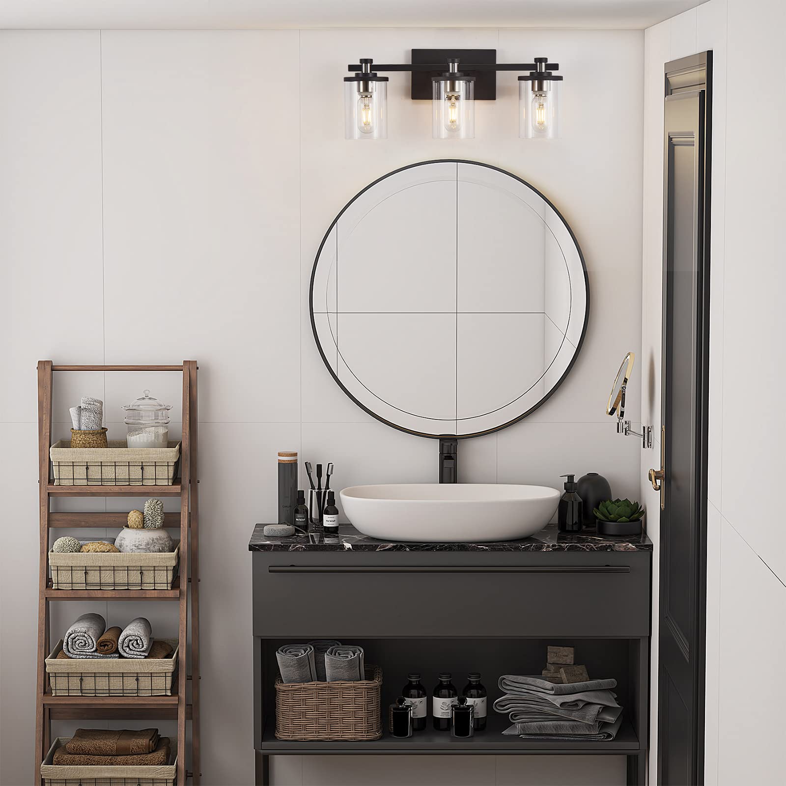 Bathroom Vanity Light 3-Light, Black and Nickel Bathroom Light Fixtures with Clear Glass