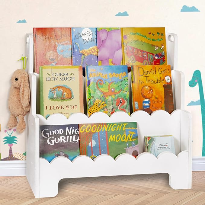 Kids Bookshelf Wooden 3-Tier, Scalloped Book Shelf for Kids Rooms, Front Facing Toddler