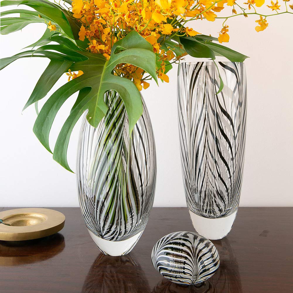 Glass Vase Black and White Feather Pattern Hand Blown Murano-Style Art Glass