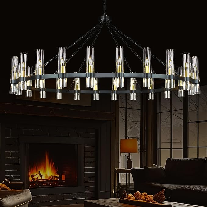 Black Wagon Wheel Chandelier, 16 Light Round Industrial Pendant Lightin