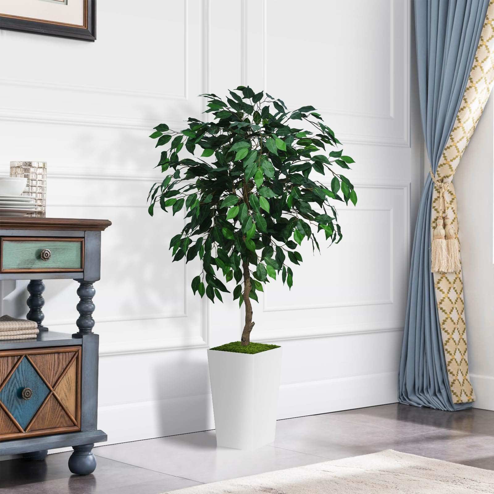 Artificial Ficus Tree 5FT - Faux Indoor Tree with White Tall Planter