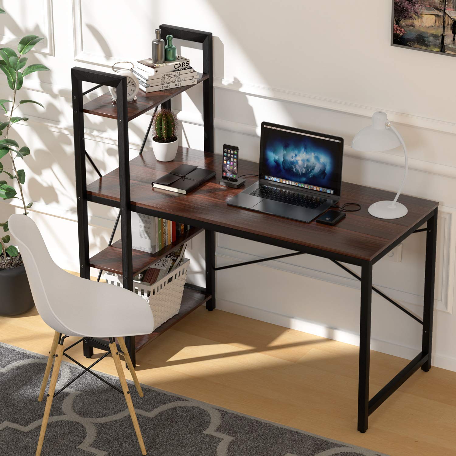 Computer Desk with Shelves, Modern Office Desk with 4-Tier Shelf