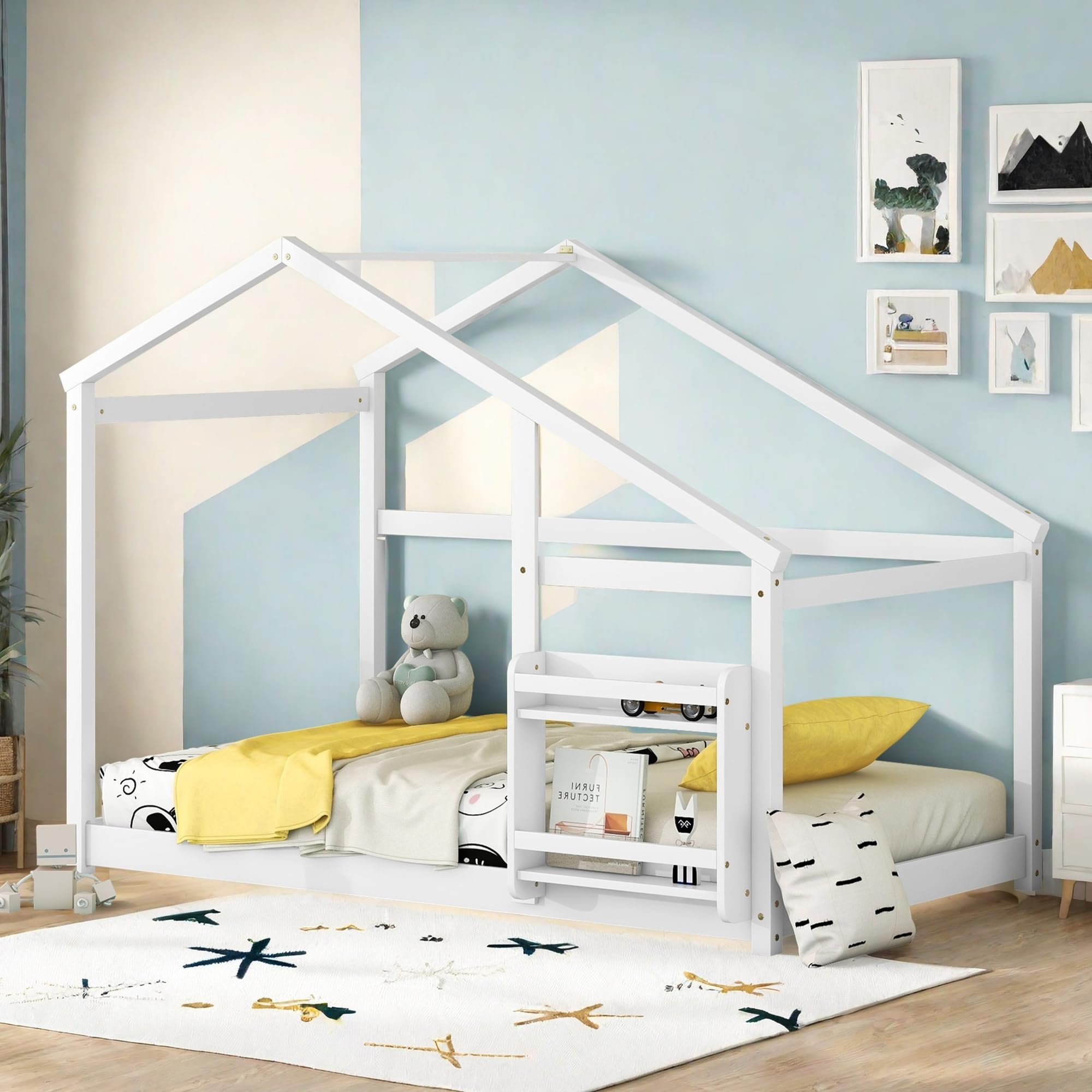 Floor Bed for Children, Montessori Bed Frame with Shelf, Wooden House Floor