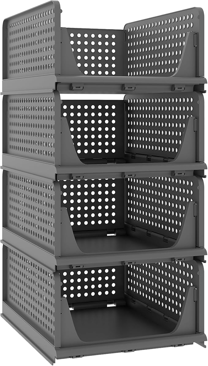 Stackable Plastic Storage Basket, Foldable Closet Organizers and Storage