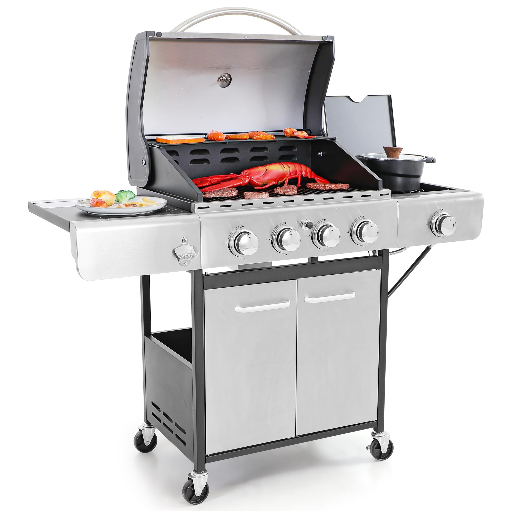 4-Burner Propane Gas BBQ Grill with Side Burner & Porcelain-Enameled Cast Iron Grates