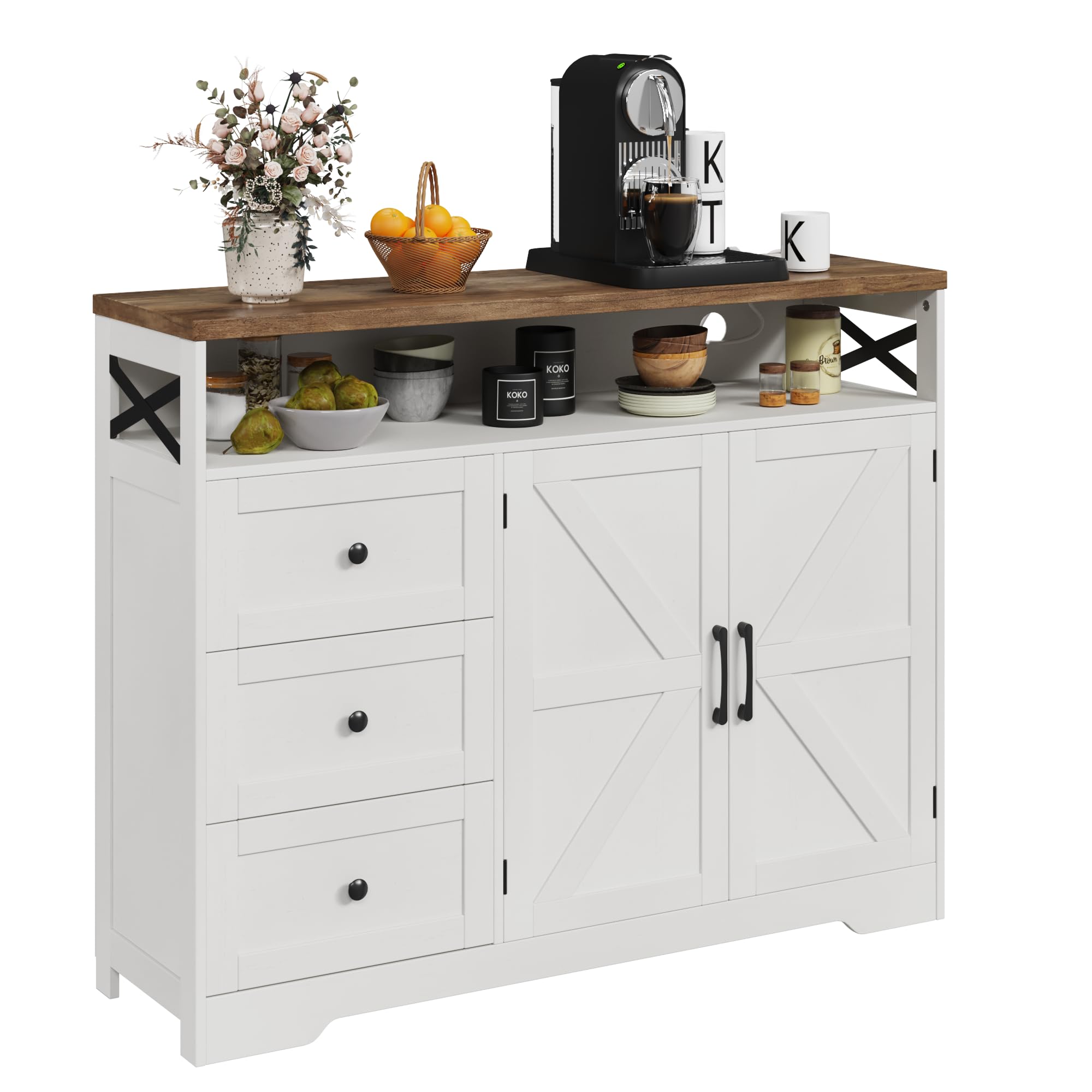 Farmhouse Buffet Cabinet with Drawers & Open Shelf, Sideboard with Storage, Kitchen