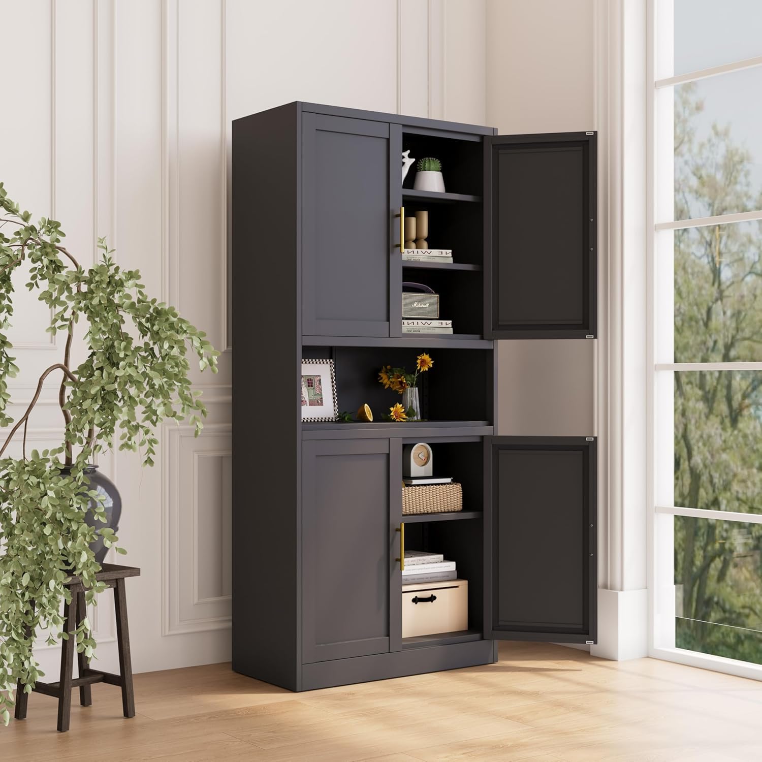 61”H Metal Kitchen Pantry Storage Cabinet，Freestanding Tall Storage Cabinets