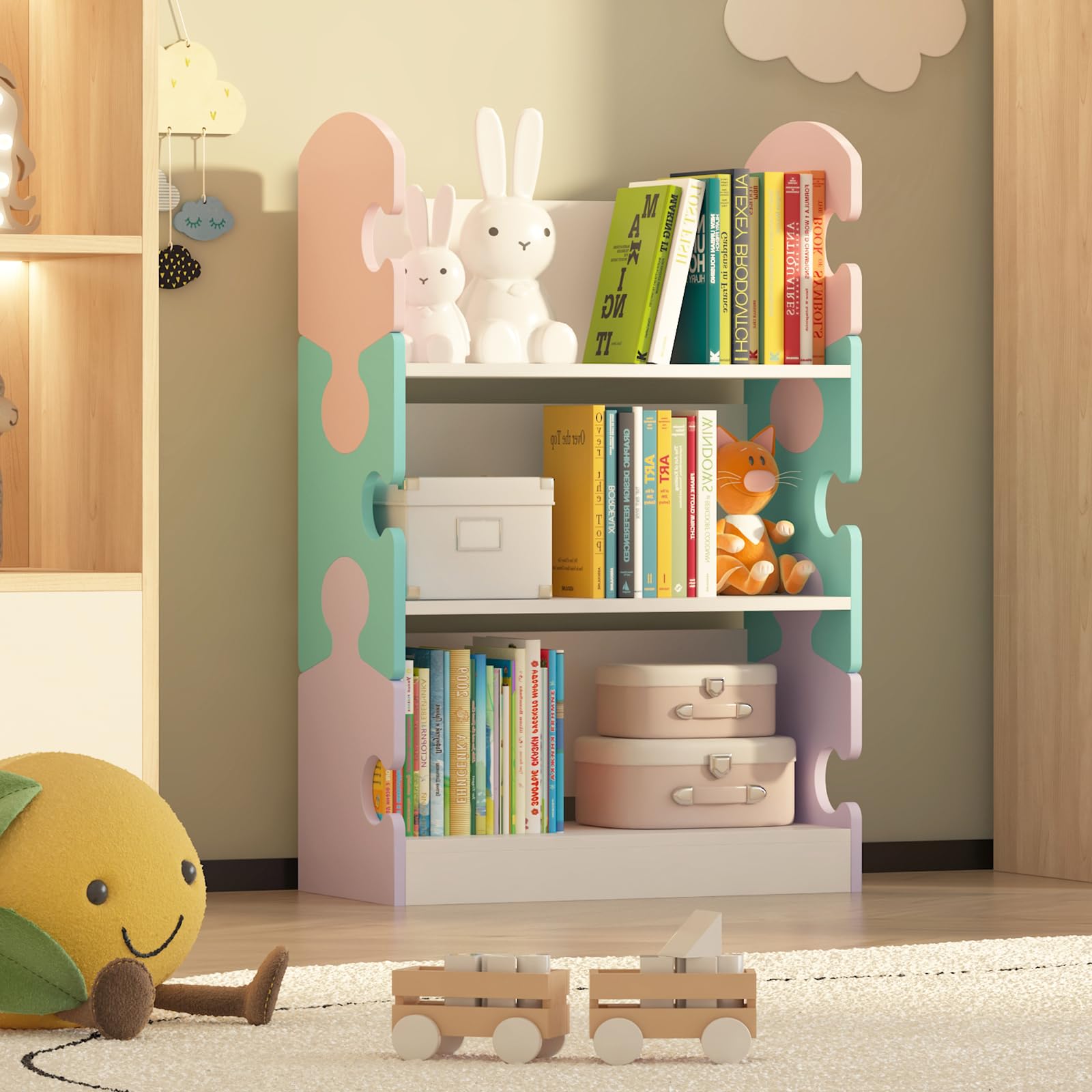 3-Tier Open Kids Bookshelf, Puzzle Book Shelf for Kids' Rooms Toy Storage Cabinet Shelf