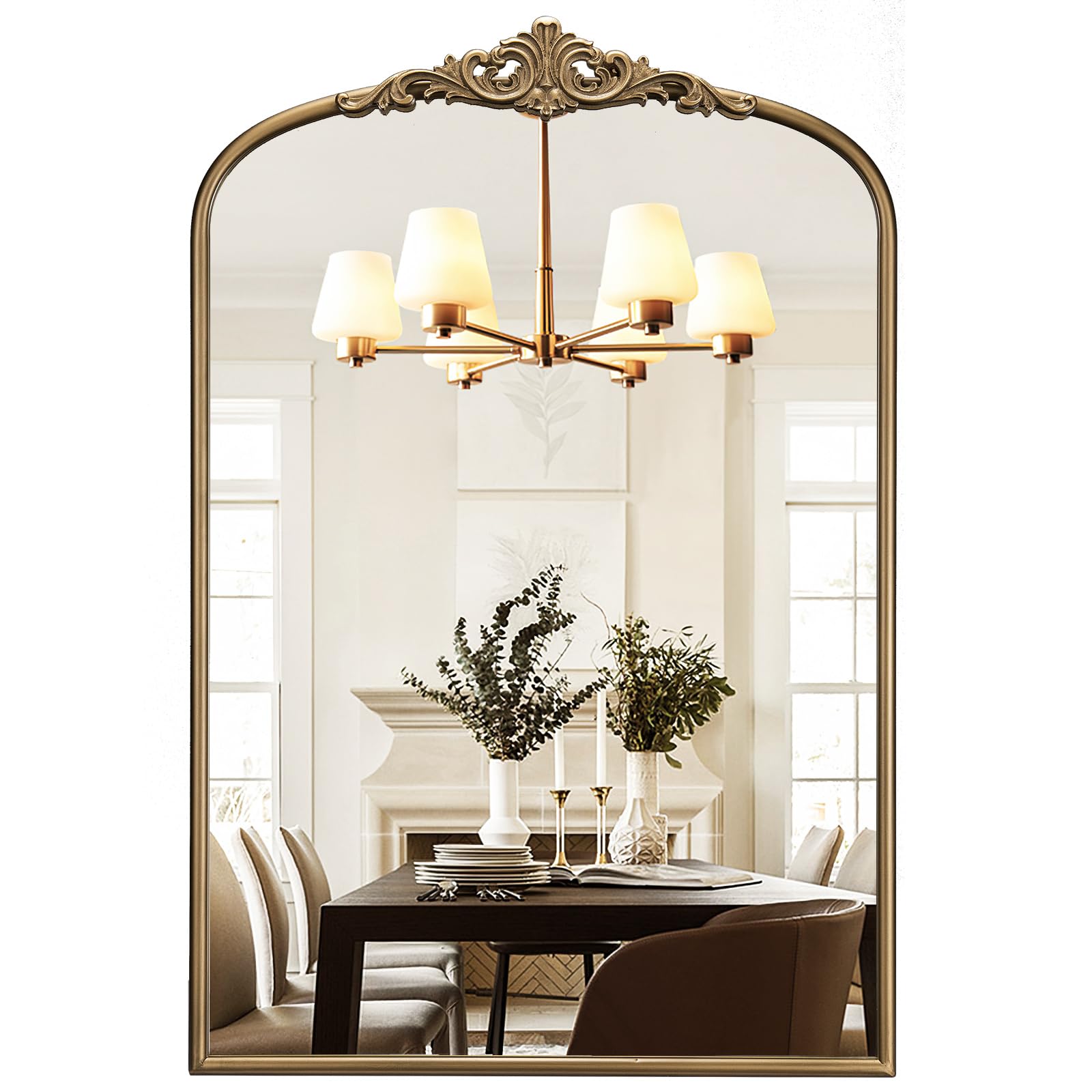 Arched Antique Wall Mirror, 30"x40" Vintage Gold Bathroom Vanity Mirror, Ornate Arch Bronze