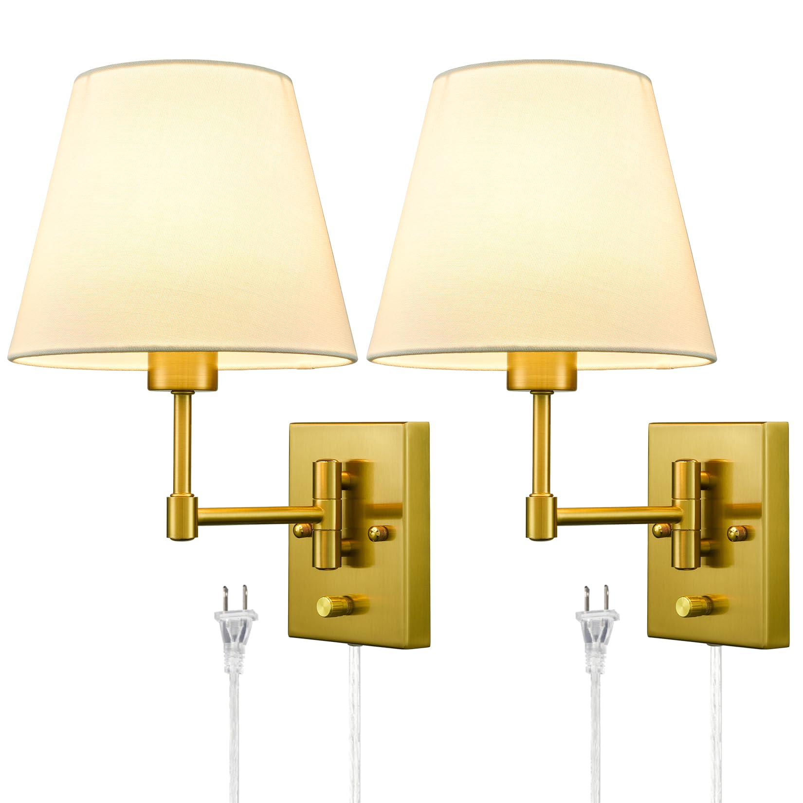 Plug-in Wall Sconces Set of Two Beige Shade Brass Swing Arm Wall Lamp
