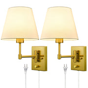 Plug-in Wall Sconces Set of Two Beige Shade Brass Swing Arm Wall Lamp