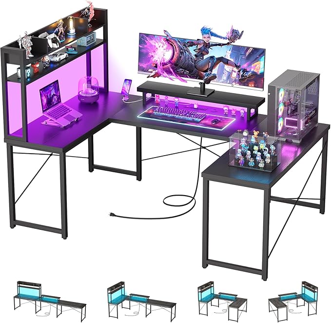 98" L Shaped Gaming Desk Reversible, U Shaped Desk with Storage Shelves