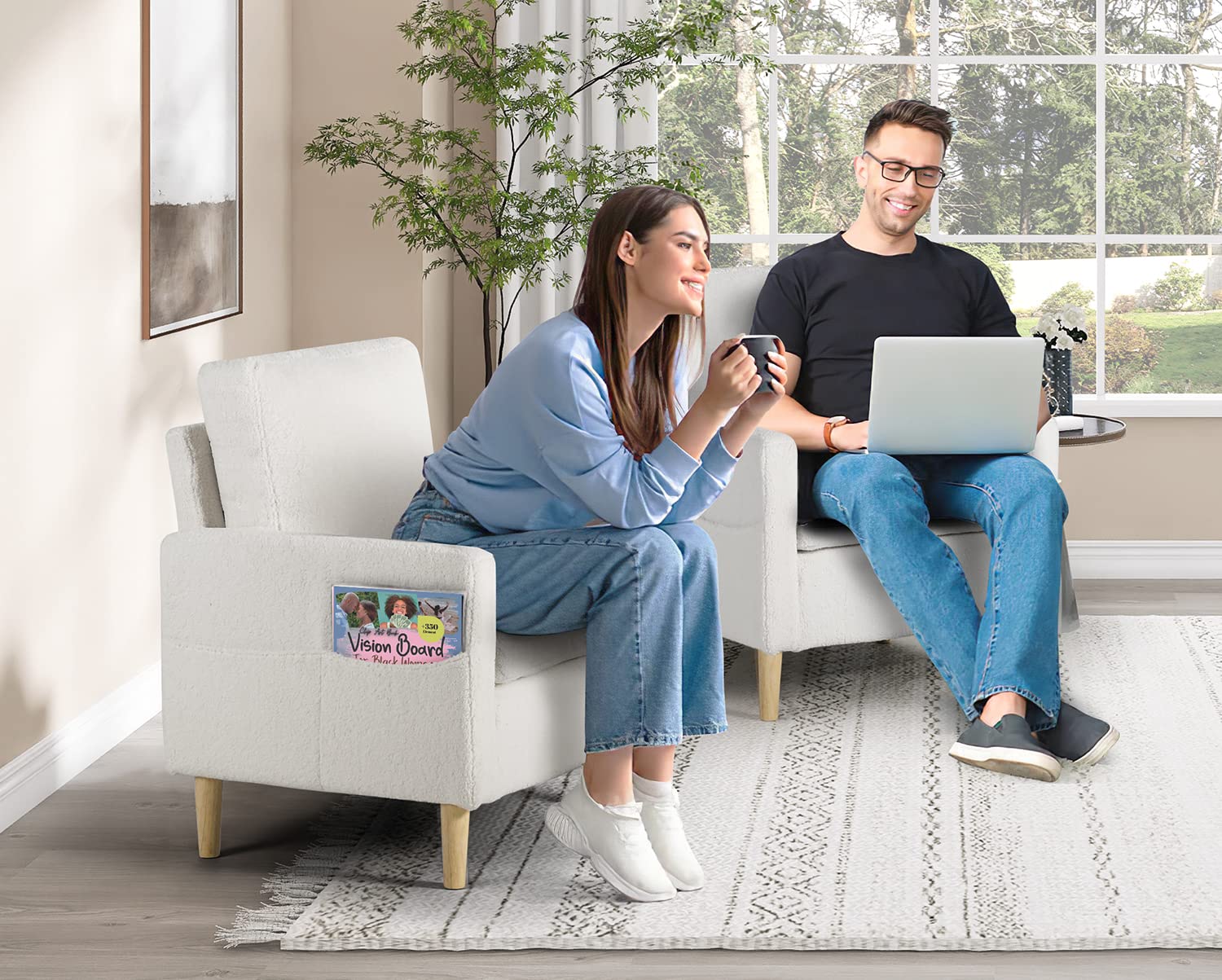 Accent Chairs Set of 2, Modern Fabric Living Room Arm Chairs