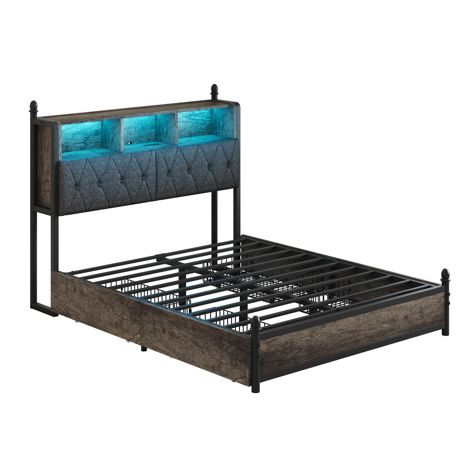 Queen Bed Frame with 3-Tier Storage Headboard