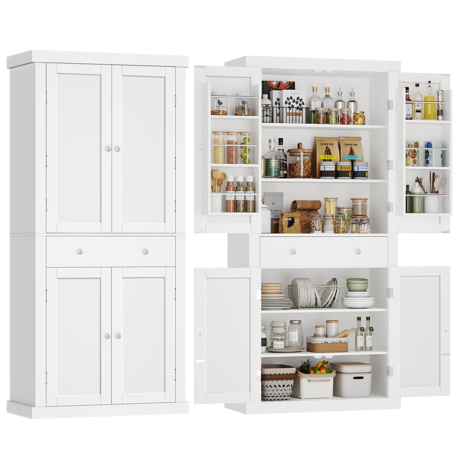72” Pantry Cabinet, Tall Kitchen Storage Cabinet with 4 Doors and 1 Drawer, Cupboard
