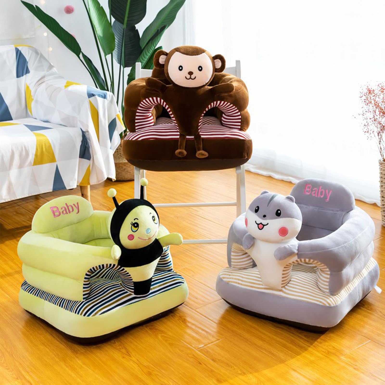 HEVOY Baby Seat for 3-24 Month, Infant Back Support Floor Chair, Plush Cartoon Animals Baby Sofa, Toddler Floor Seater for Sitting Up, Portable Activity Seat for Babies (Bee)