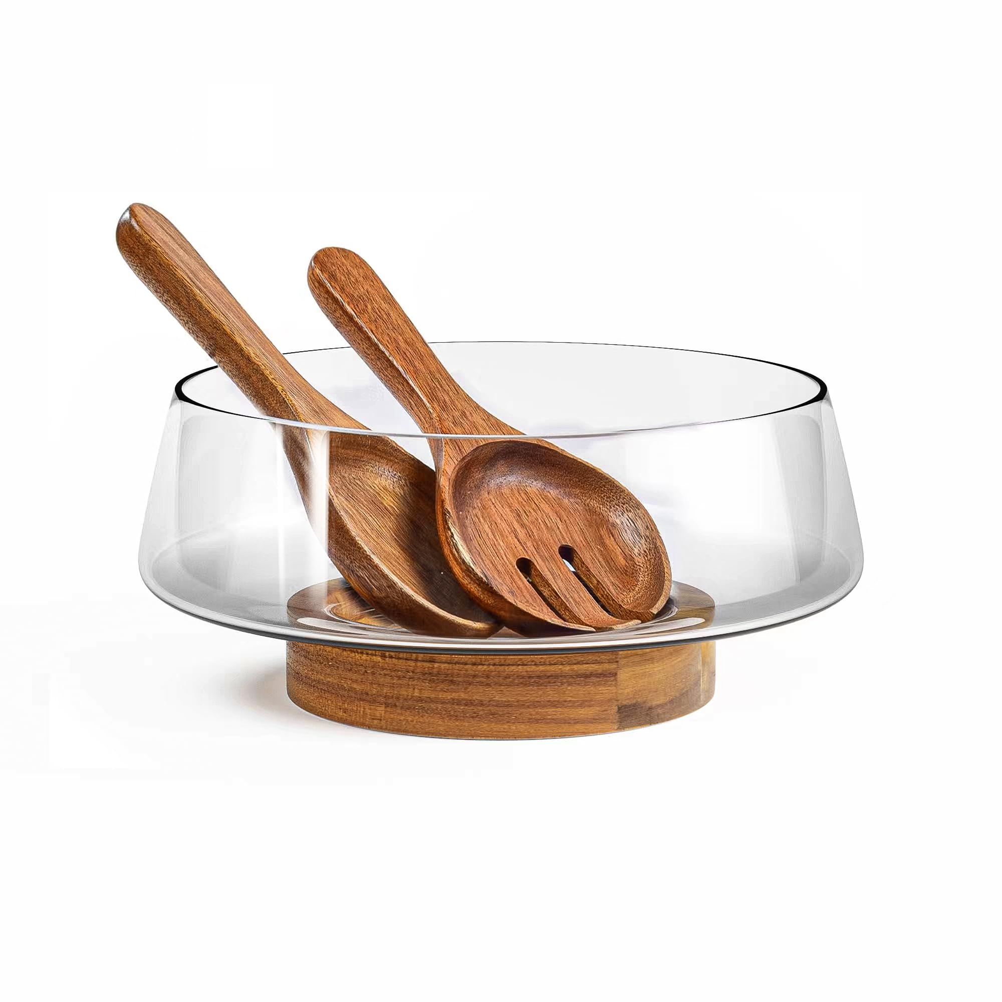 Extra Large Glass Salad Bowl Set - Party Salad Bowls with Acacia Wood Base