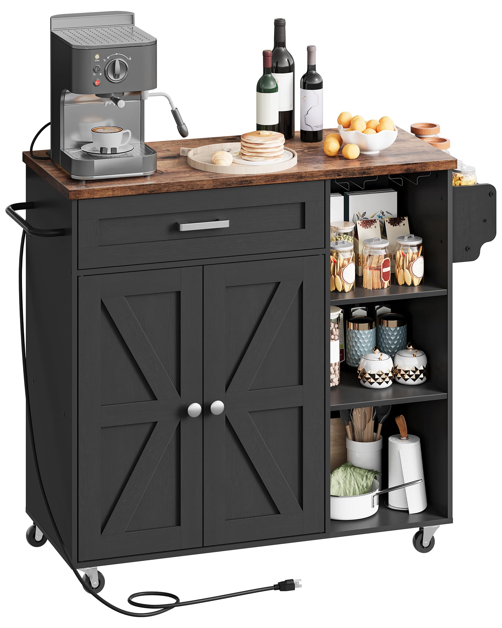 Kitchen Island Trolley with Power Outlet, Spice Rack, Rolling Storage Cart with Drawer
