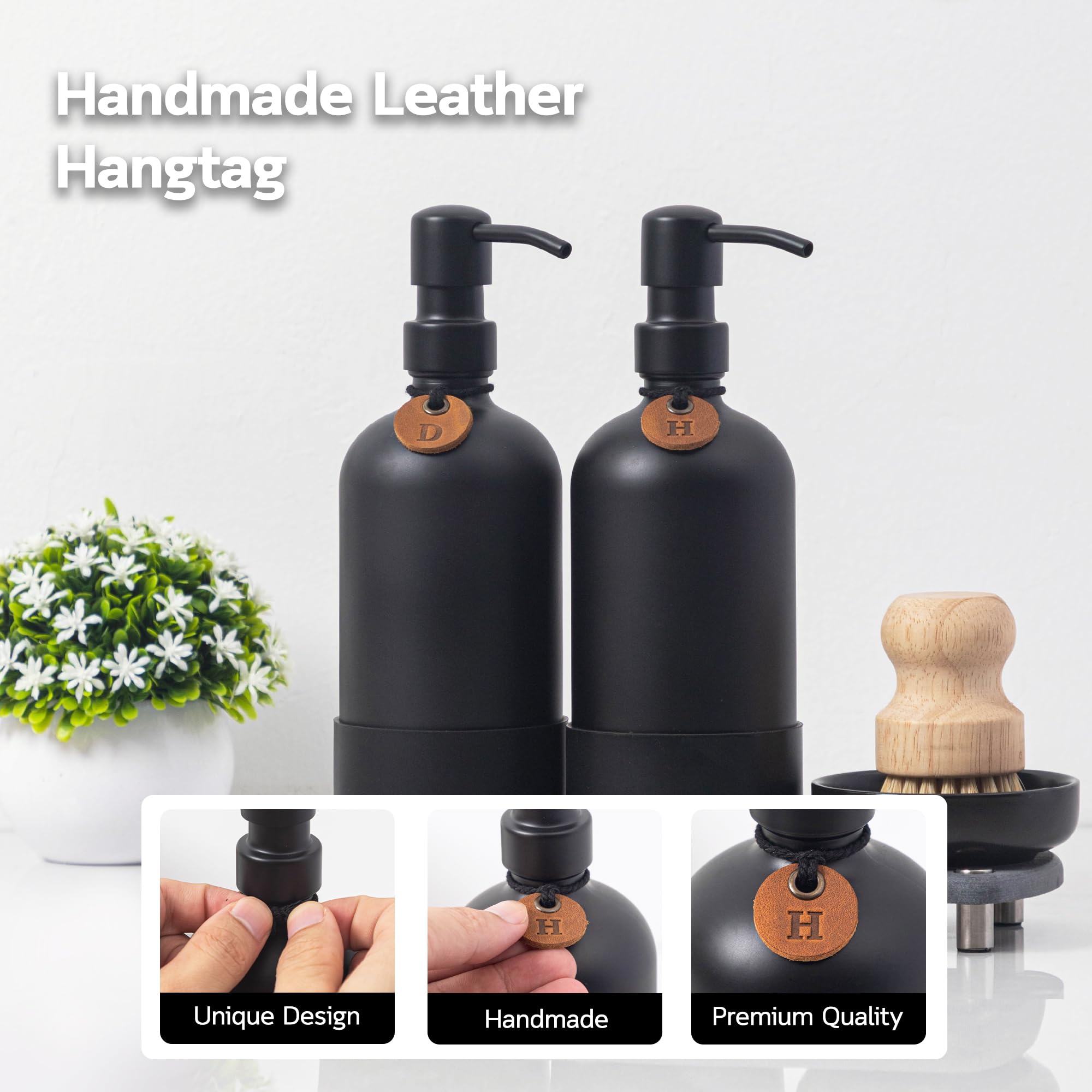 Hand and Dish Soap Dispenser Set, Kitchen Soap Dispenser Set with Handmade Leather Tag
