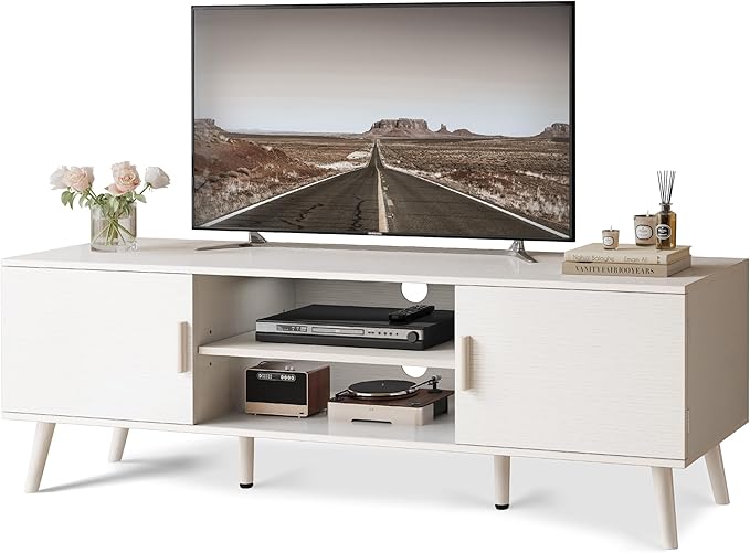 55 Inch TV, Entertainment Center with Adjustable Shelf, 2 Cabinets, TV Console Table