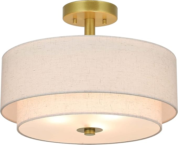 Drum Semi Flush Light, 3 Light Semi Flush Mount Ceiling Light Fixture with Fabric