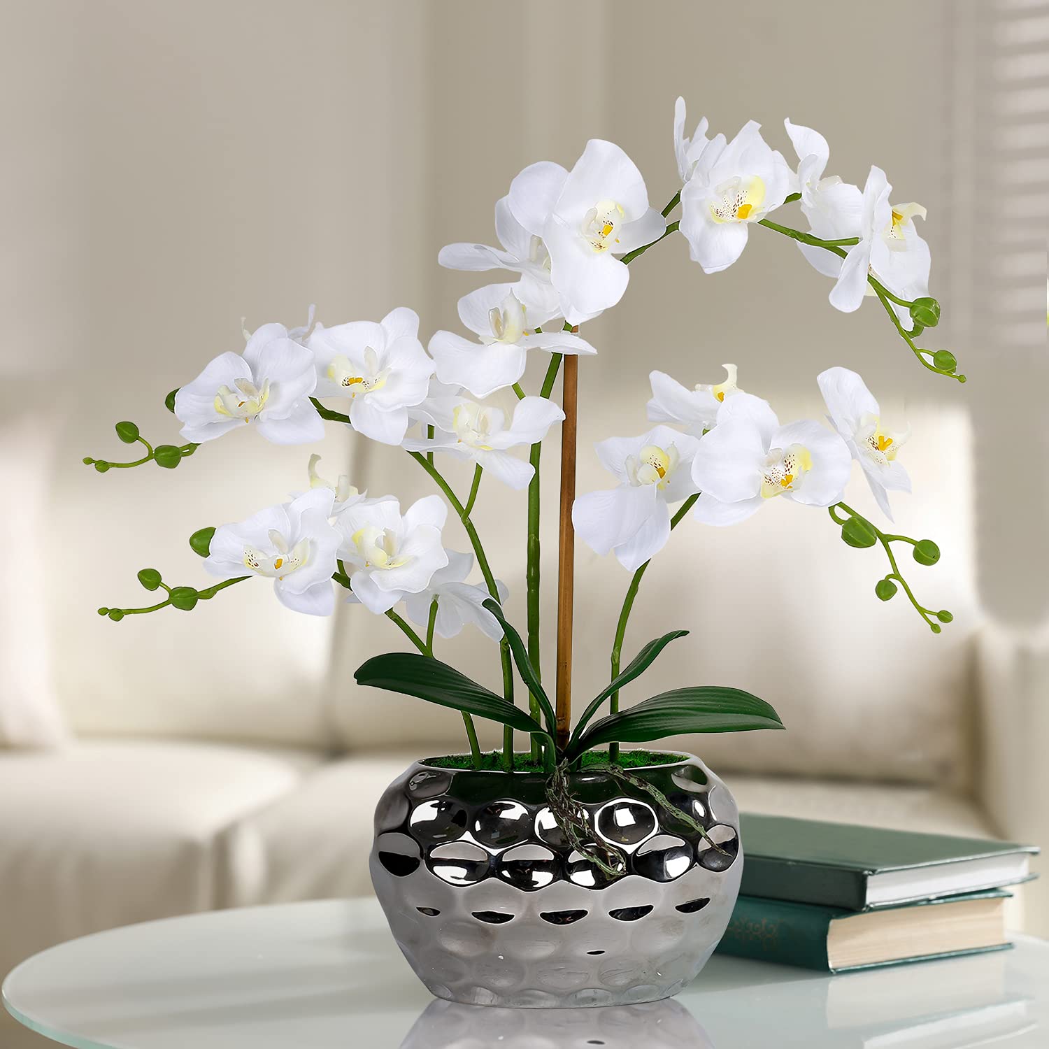 White Orchid Arrangement in Silver Vase Fake Orchids Arrangements Centerpiece Silk