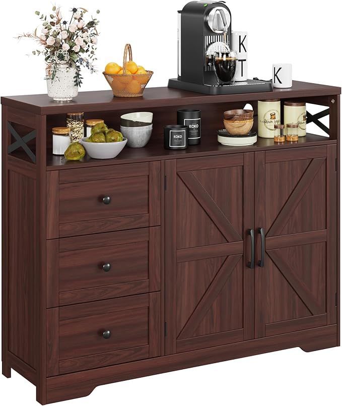 Farmhouse Buffet Cabinet with Drawers & Open Shelf, Sideboard with Storage, Kitchen