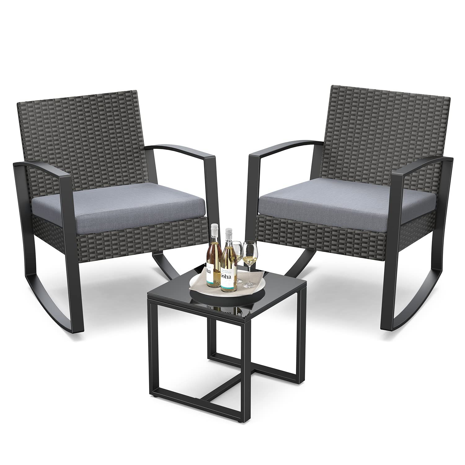 3 Pieces Patio Furniture Set Rocking Bistro Set Outdoor Rattan Conversation