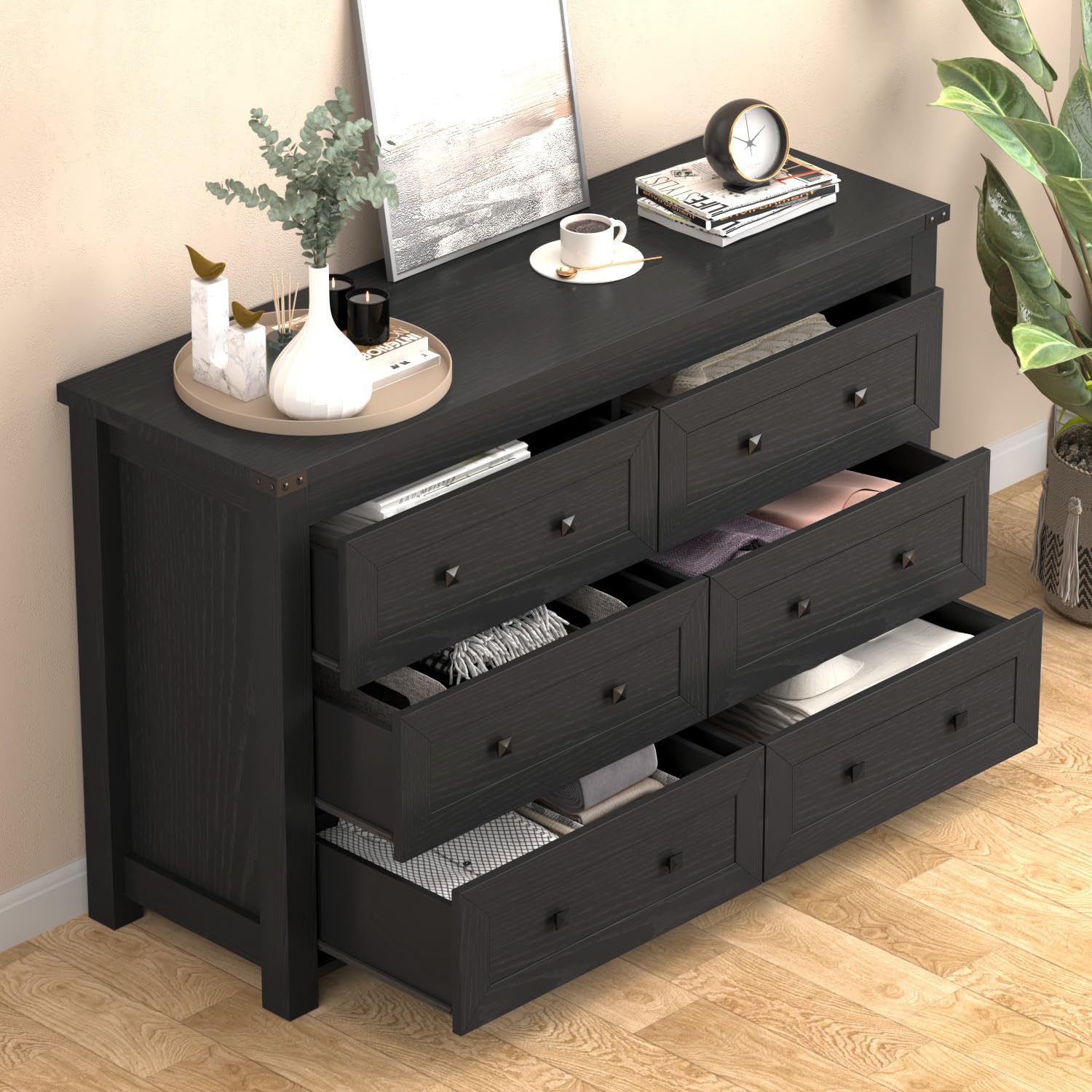 Black Dresser for Bedroom, 6 Drawer Wood Chest of Drawers
