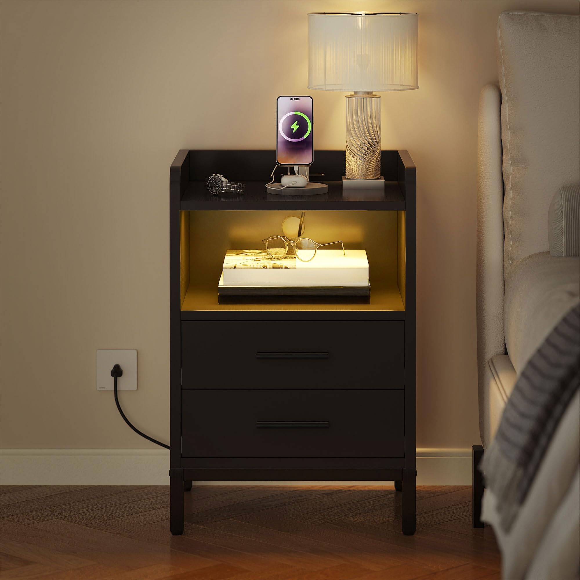 Nightstand with Charging Station and LED Lights, End Side Table