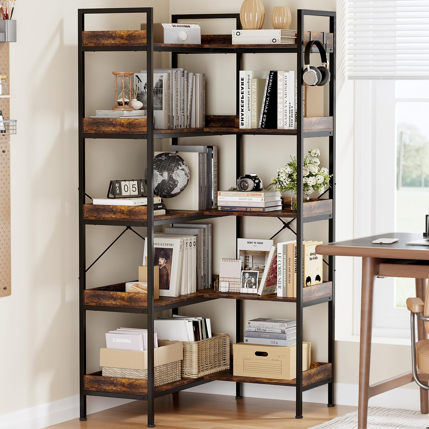5-Tier Bookshelf Reversible,Corner Bookcase 4 Hooks