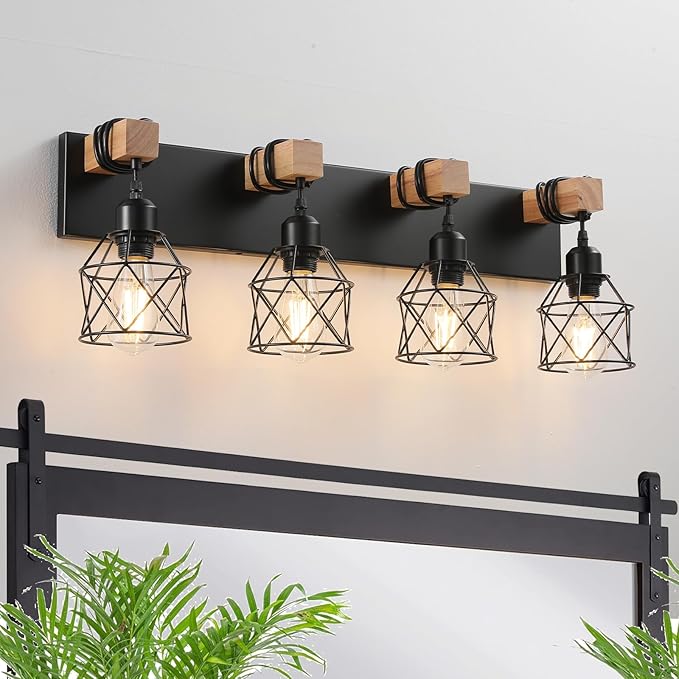 Farmhouse Vanity Light Fixture,6-Light Bathroom Lighting,Black Industrial Wood Wall Light