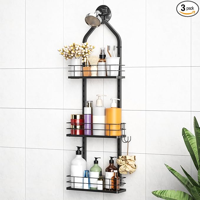 Shower Caddy Hanging (Black), Adjustable Anti-Swing-Over The Shower Head Caddy