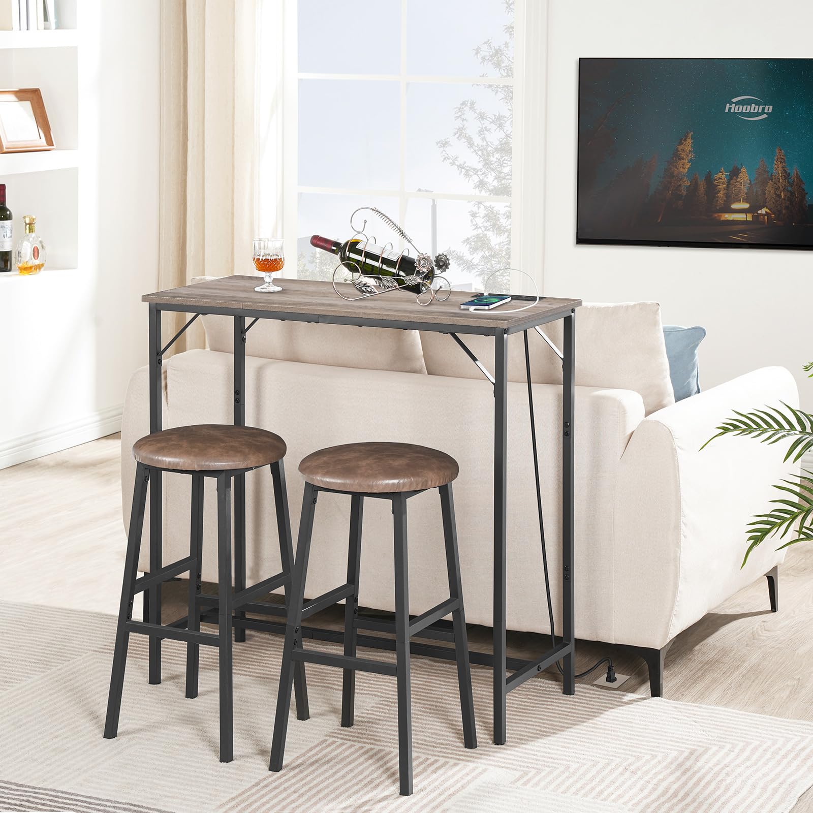 Bar Table with Charging Station, Rectangular Pub Table, High Top Coffee Table