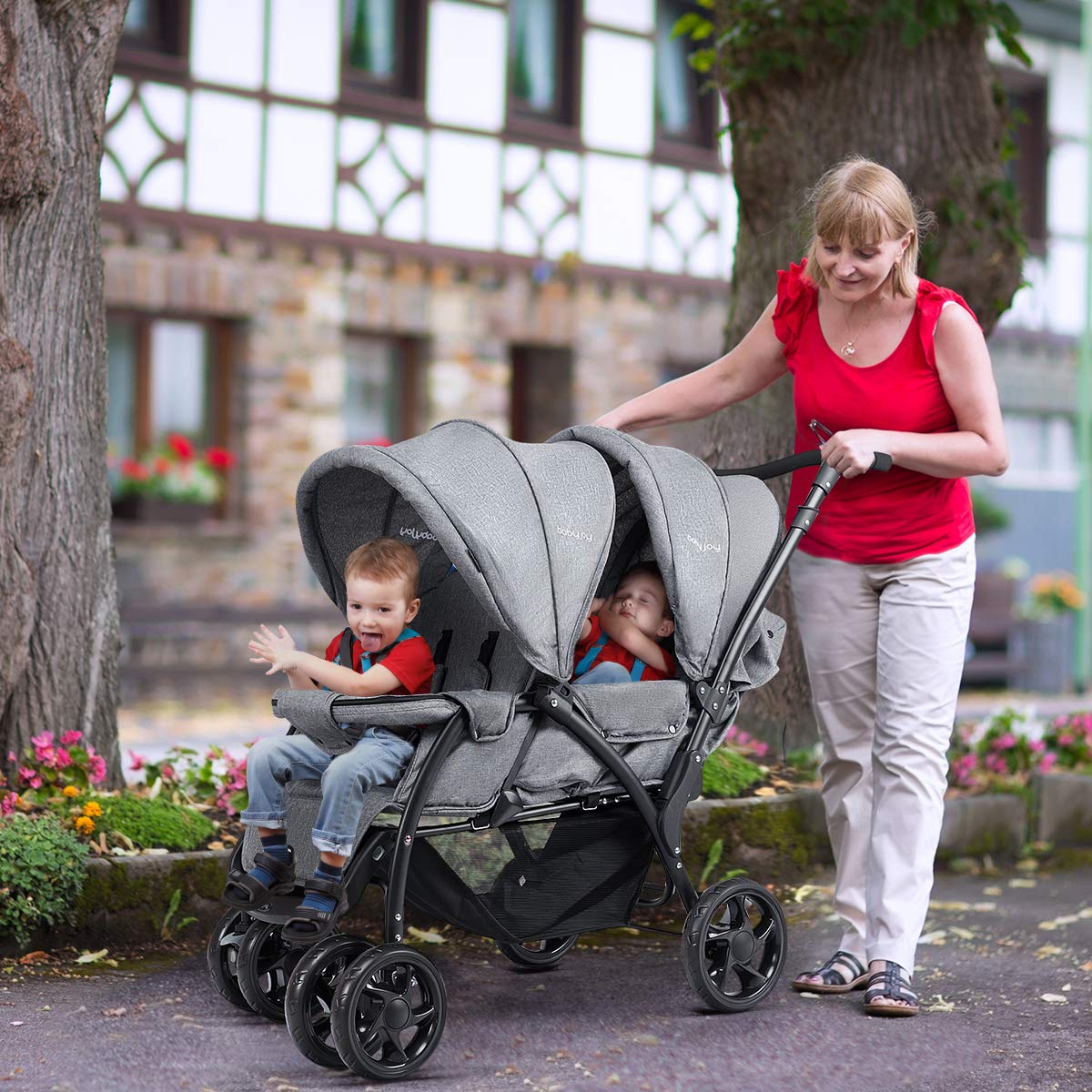 Double Stroller - Foldable Lightweight Twin Stroller with Tandem Seating