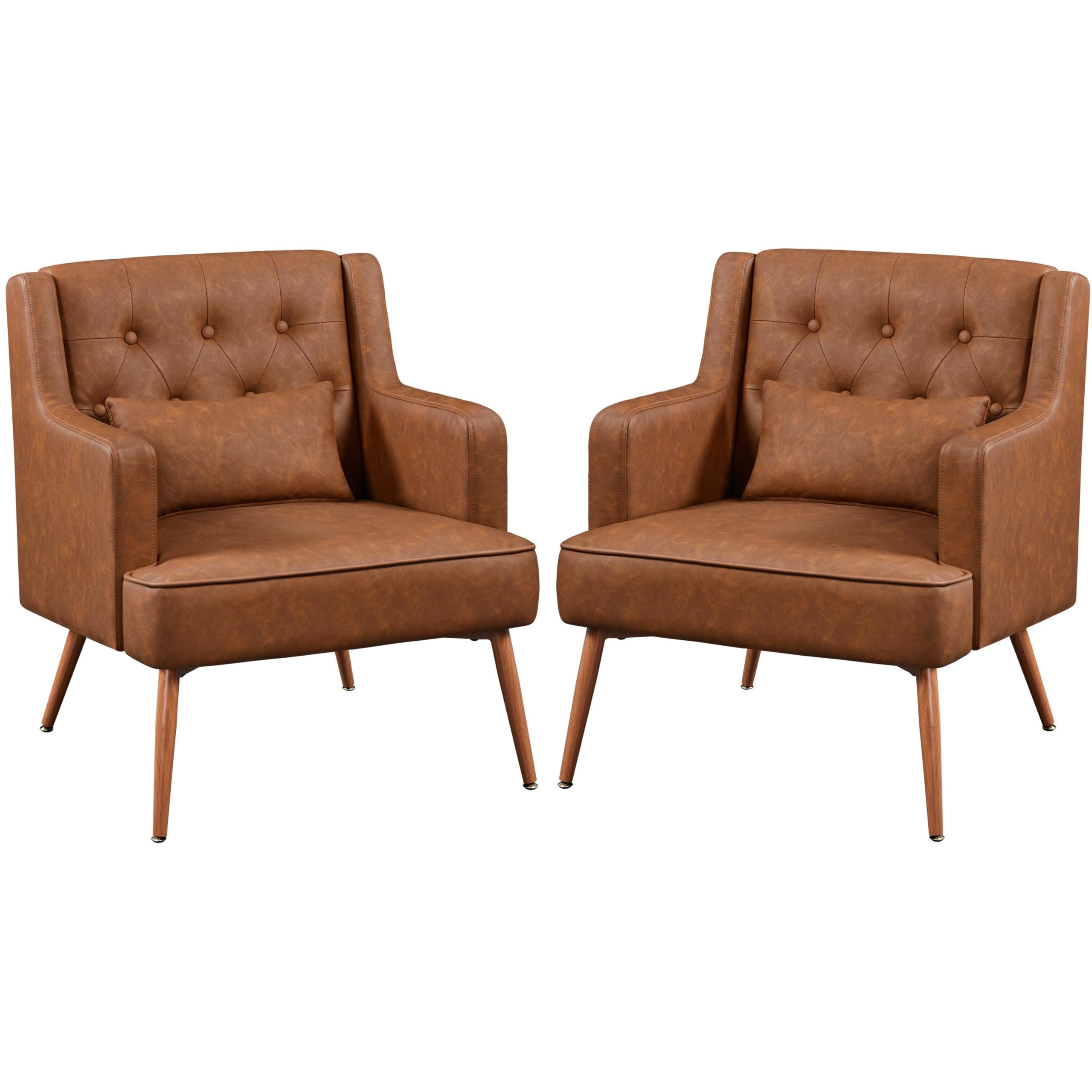 Accent Chair, Living Room Chair Mid Century PU Leather Armchair Lumbar Pillow