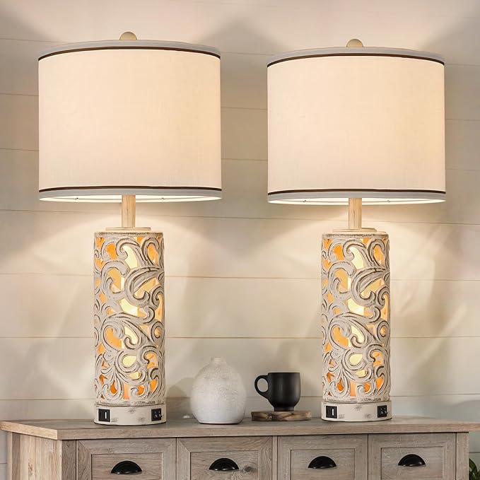 Dimmable Touch Control Table Lamp with USB A+C Ports, Vintage Washed